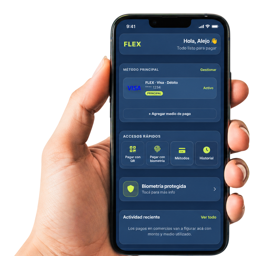 Persona sosteniendo un smartphone con la aplicación Flex: inicio con saludo, método principal y accesos rápidos.