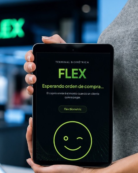 Persona sosteniendo un tótem Flex con la pantalla de espera de cobro biométrico.